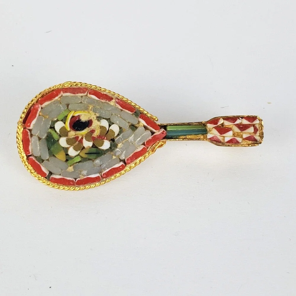 Vintage Multicolor Floral Micro Mosaic Glass Gold Tone Metal Guitar Brooch Pin